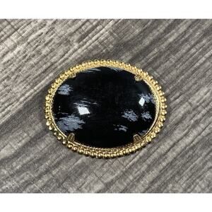 Vintage Oval Black Snowflake Obsidian Cabochon Gold Tone Brooch Pin